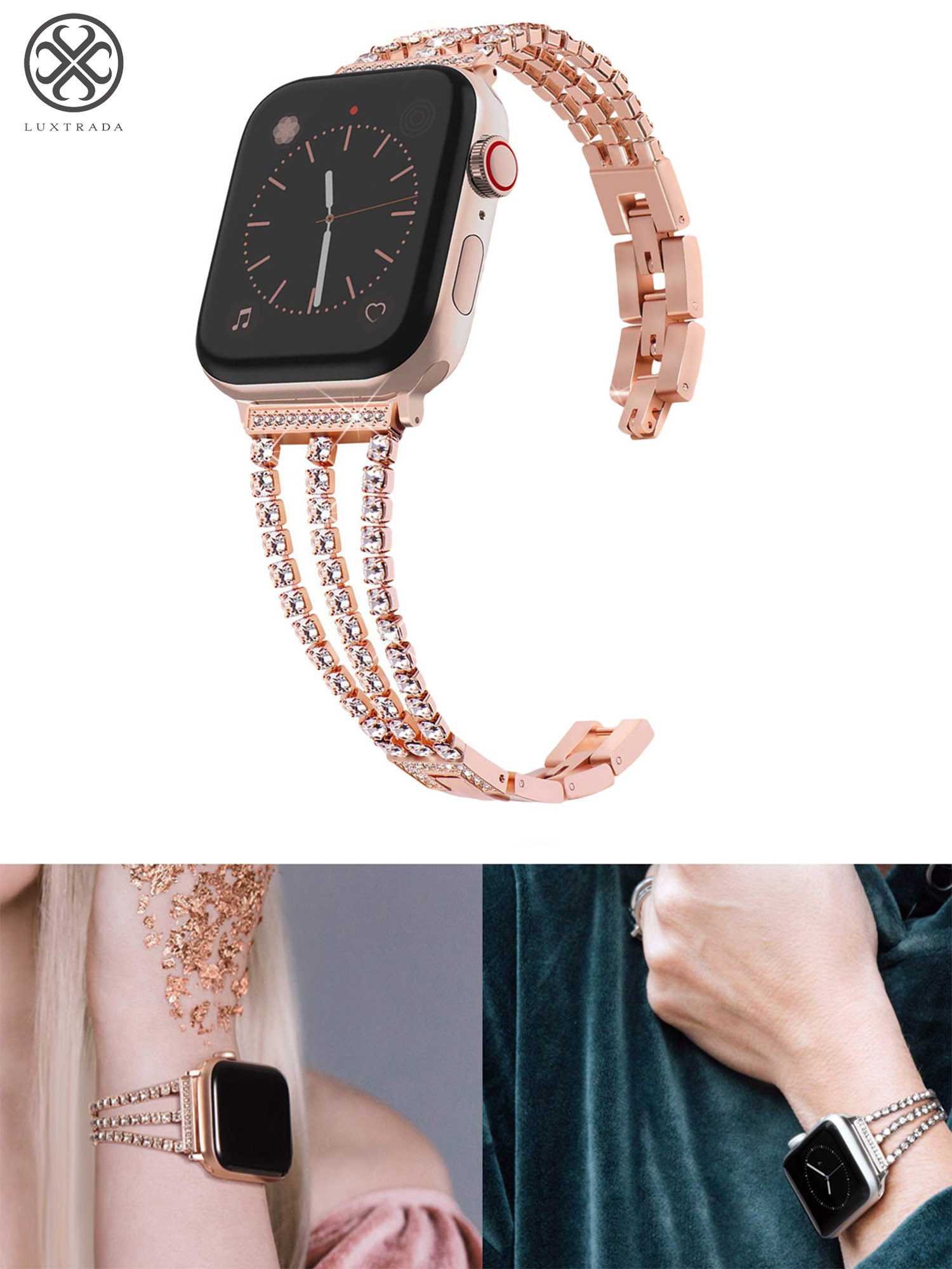Luxtrada Compatible Apple Watch Band Stainless Steel Metal Pendant Bracelet Bangle Wristband with Diamond Replacement for Apple Watch SE iWatch Series 8/7/6/5/4/3/2/1 (Rose Gold, 42/44mm)